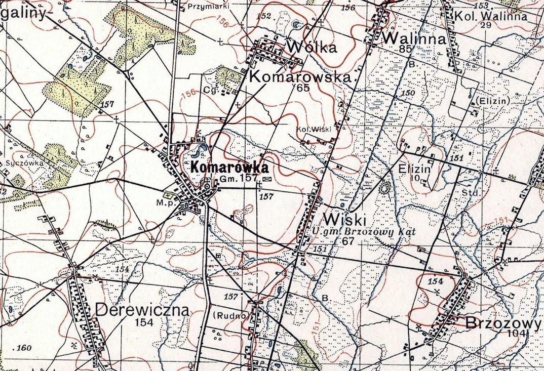 Archiwalna mapa topograficzna WIG ukazująca Derewiczną, Komarówkę i Rudno