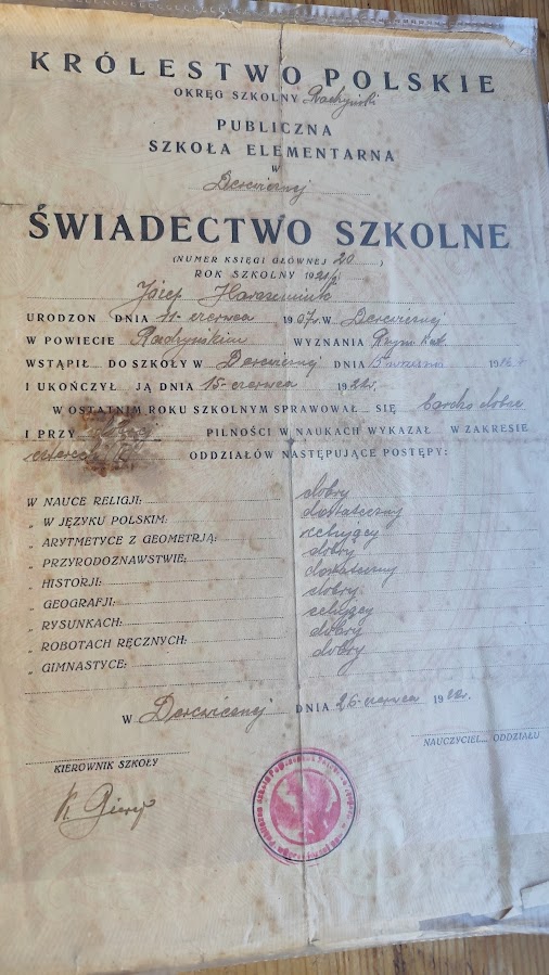 Świadectwo szkolne Józefa Harasimiuka z lat 20. XX wieku